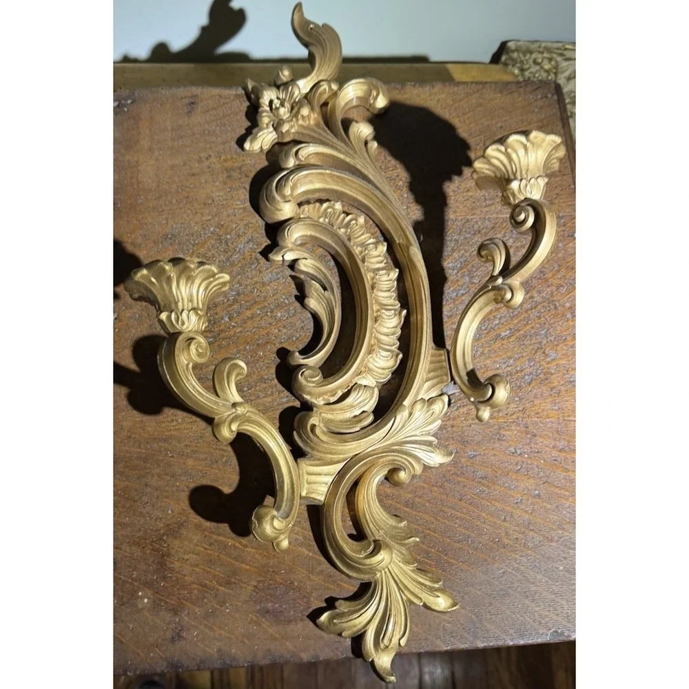 Vtg  1960 Syroco Hollywood Regency Gold Wall Sconces Double Candle Holders Pair